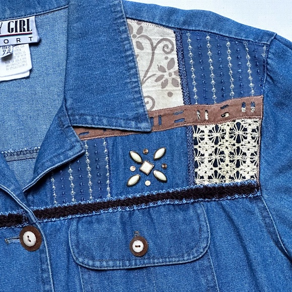 VTG City Girl Sport Jacket SIZE 12 STUDDED PATCHWORK DENIUM WESTERN CROPPED USA - Picture 3 of 9